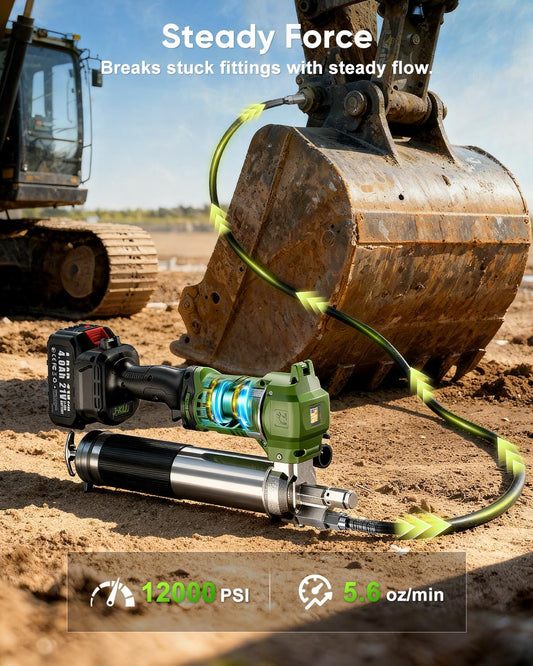 J-KU Electric Grease Gun 12000 PSI: Cordless Grease Gun with 8000 mAh Batteries, 5.6 oz/min, 39.4" Hose & 90° Coupler, LED Light - Effortless Heavy-Duty Tool Kit for Farm,Tractor & Heavy Equipment