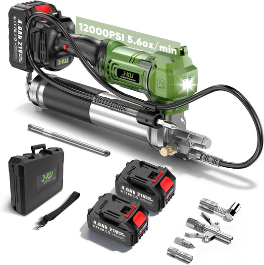 J-KU Electric Grease Gun 12000 PSI: Cordless Grease Gun with 8000 mAh Batteries, 5.6 oz/min, 39.4" Hose & 90° Coupler, LED Light - Effortless Heavy-Duty Tool Kit for Farm,Tractor & Heavy Equipment