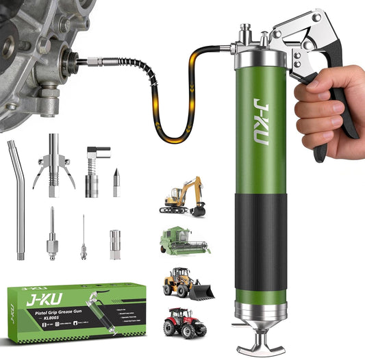 J-KU Grease Gun, 14 oz Manual Pistol Grip Grease Gun Kit – Heavy Duty 8000 PSI High Pressure Grease Gun with Air Bleed Valve for Easy Priming, Flexible Hose & 6 Nozzles for Automotive, Marine, Tractor